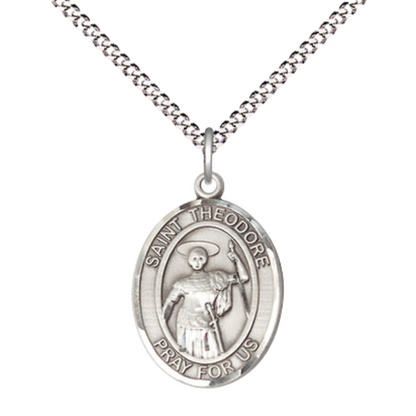 Medium Women's Pewter Saint St. Theodore Stratelates Pendant Necklace on 18- inch Rhodium- Plated Lite Curb Brass Chain – 3/4- inch Medal with Lobster Claw Clasp, Catholic Medal – Velvet Gift Box Included