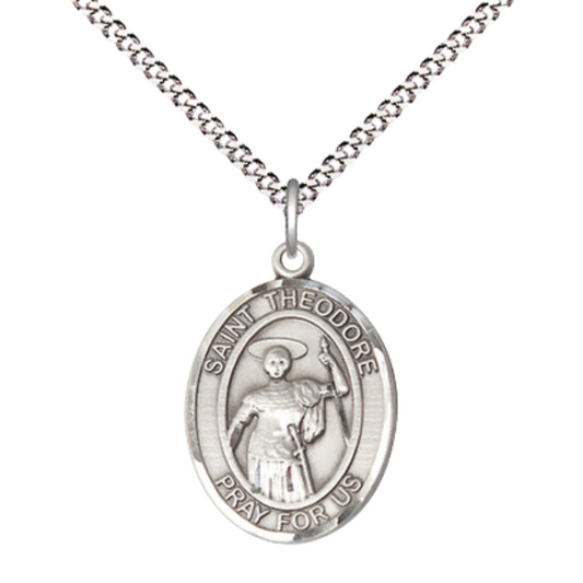 Medium Women's Pewter Saint St. Theodore Stratelates Pendant Necklace on 18- inch Rhodium- Plated Lite Curb Brass Chain – 3/4- inch Medal with Lobster Claw Clasp, Catholic Medal – Velvet Gift Box Included