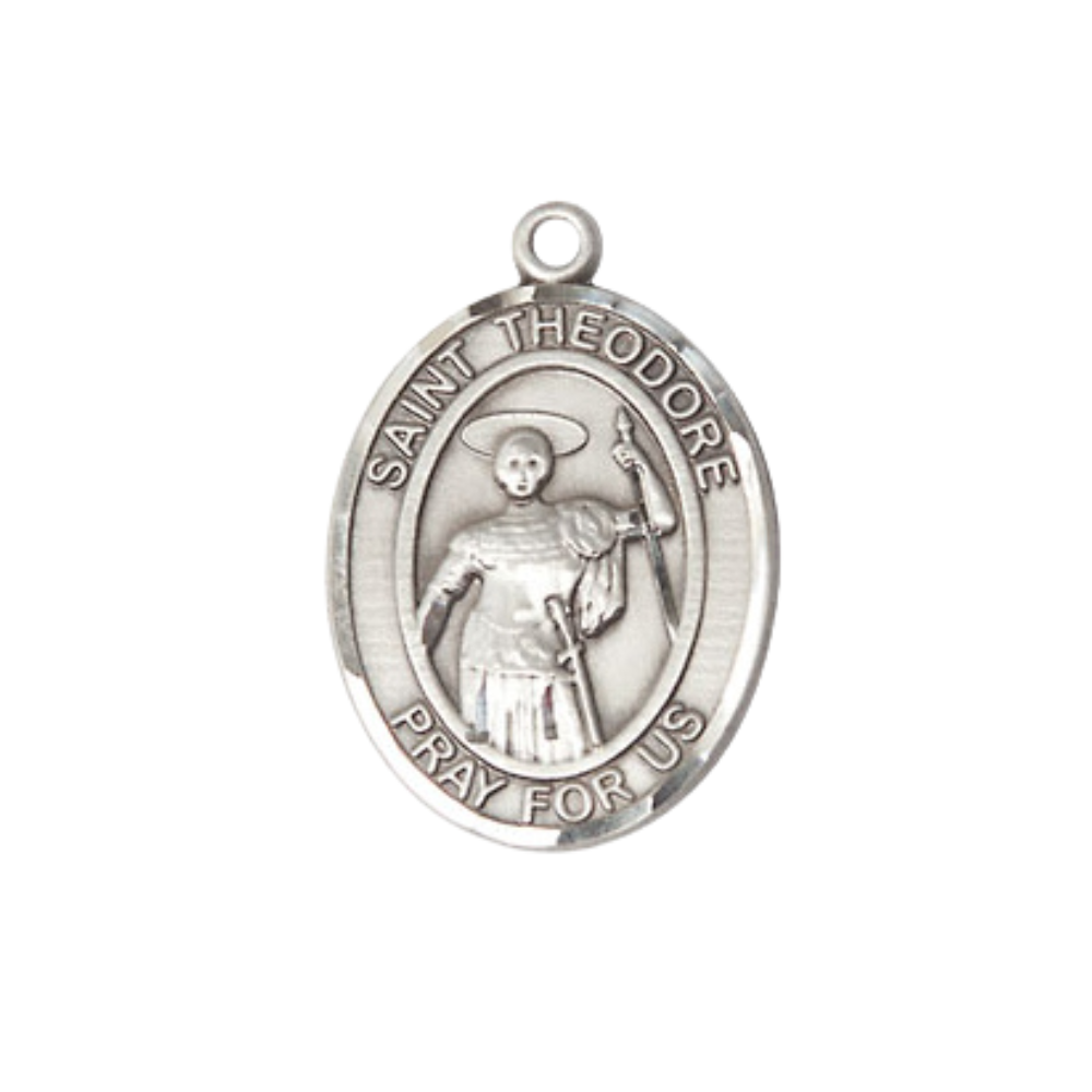 Medium Men's .925 Sterling Silver Saint St.Theodore Stratelates Medal Pendant on 24 Inch Endless Rhodium Plated Heavy Curb Brass Chain, Catholic Religious Necklace -Made in USA- Deluxe Velvet Gift Box