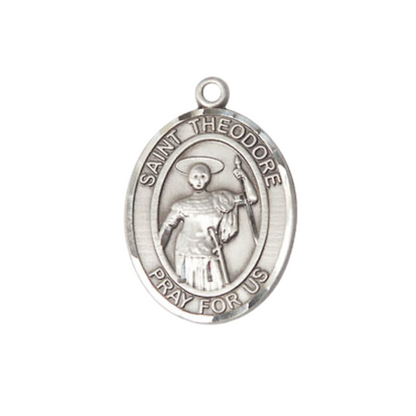Medium Men's .925 Sterling Silver Saint St.Theodore Stratelates Medal Pendant on 24 Inch Endless Rhodium Plated Heavy Curb Brass Chain, Catholic Religious Necklace -Made in USA- Deluxe Velvet Gift Box