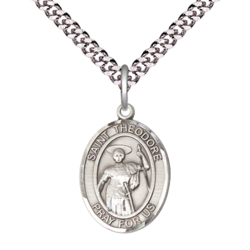 Medium Men's .925 Sterling Silver Saint St.Theodore Stratelates Medal Pendant on 24 Inch Endless Rhodium Plated Heavy Curb Brass Chain, Catholic Religious Necklace -Made in USA- Deluxe Velvet Gift Box