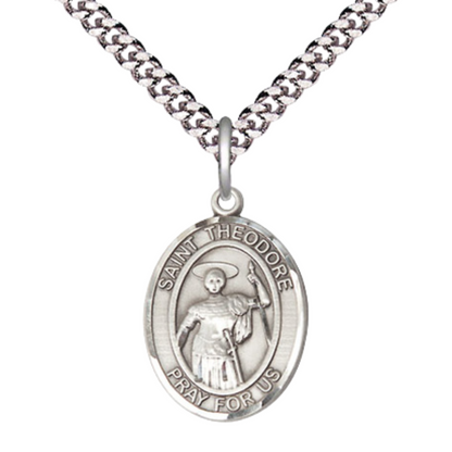 Medium Men's .925 Sterling Silver Saint St.Theodore Stratelates Medal Pendant on 24 Inch Endless Rhodium Plated Heavy Curb Brass Chain, Catholic Religious Necklace -Made in USA- Deluxe Velvet Gift Box