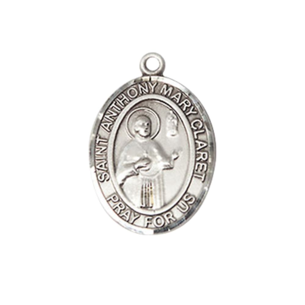 Medium Men's Pewter Saint St. Anthony Mary Claret Medal Pendant on 24 Inch Endless Rhodium Plated Heavy Curb Brass Chain, Catholic Religious Necklace - Made in USA- Deluxe Velvet Gift Box
