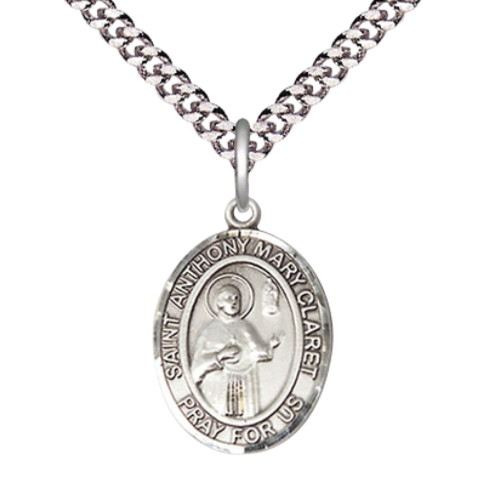 Medium Men's .925 Sterling Silver Saint St. Anthony Mary Claret Medal Pendant on 24 Inch Endless Rhodium Plated Heavy Curb Brass Chain, Catholic Religious Necklace - Made in USA- Deluxe Velvet Gift Box
