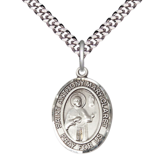 Medium Men's .925 Sterling Silver Saint St. Anthony Mary Claret Medal Pendant on 24 Inch Endless Rhodium Plated Heavy Curb Brass Chain, Catholic Religious Necklace - Made in USA- Deluxe Velvet Gift Box