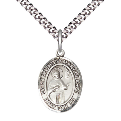 Medium Mens Oval .925 Sterling Silver Saint St. Anthony Mary Claret Medal Pendant on 24 Inch Rhodium Plated Heavy Curb Brass Chain w/ Lobster Claw Clasp, Catholic Religious Necklace - Made in USA- Gift Boxed
