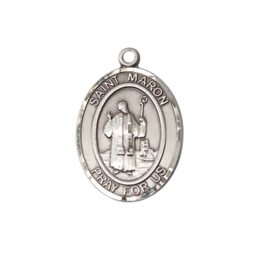 Everlasting Light Jewelry Medium Women's .925 Sterling Silver Saint St. Maron Pendant Necklace on 18- inch Rhodium- Plated Lite Curb Brass Chain, Catholic Medal – Velvet Gift Box Included – Patron Saint St. of Lebanon and Monks