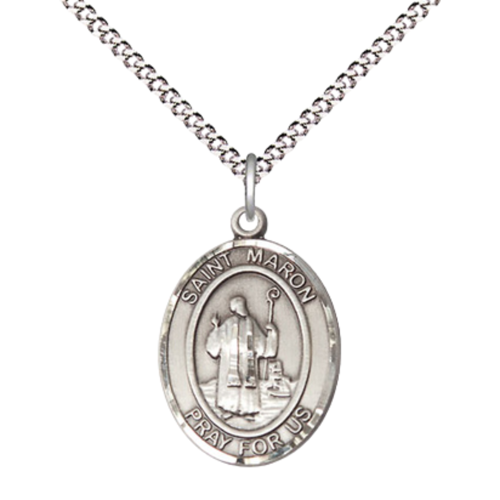 Everlasting Light Jewelry Medium Women's Pewter Saint St. Maron Pendant Necklace on 18- inch Rhodium- Plated Lite Curb Brass Chain – 3/4- inch Medal with Lobster Claw Clasp, Catholic Medal – Velvet Gift Box Included