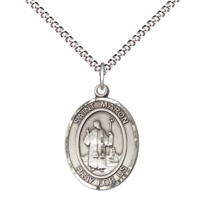 Everlasting Light Jewelry Medium Women's Pewter Saint St. Maron Pendant Necklace on 18- inch Rhodium- Plated Lite Curb Brass Chain – 3/4- inch Medal with Lobster Claw Clasp, Catholic Medal – Velvet Gift Box Included