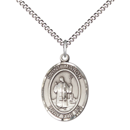Everlasting Light Jewelry Medium Women's Pewter Saint St. Maron Pendant Necklace on 18- inch Rhodium- Plated Lite Curb Brass Chain – 3/4- inch Medal with Lobster Claw Clasp, Catholic Medal – Velvet Gift Box Included