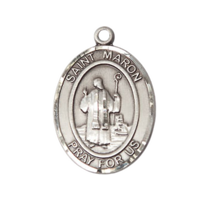 Medium Men's .925 Sterling Silver Saint St. Maron Medal Pendant on 24 Inch Endless Rhodium Plated Heavy Curb Brass Chain, Catholic Religious Necklace - Made in USA- Deluxe Velvet Gift Box