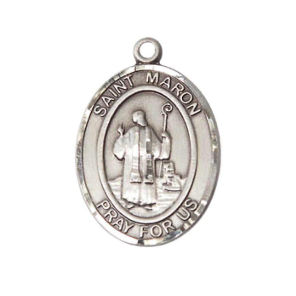 Mens Medium Oval .925 Sterling Silver Saint St. Maron Medal Pendant on 24 Inch Rhodium Plated Heavy Curb Brass Chain w/ Lobster Claw Clasp, Catholic Religious Necklace - Made in USA- Velvet Gift Box