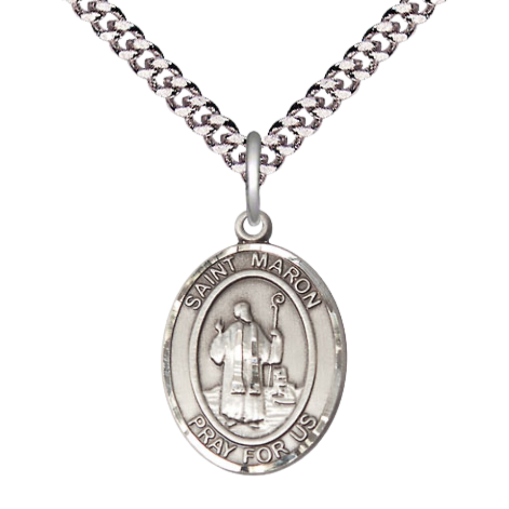 Mens Medium Oval .925 Sterling Silver Saint St. Maron Medal Pendant on 24 Inch Rhodium Plated Heavy Curb Brass Chain w/ Lobster Claw Clasp, Catholic Religious Necklace - Made in USA- Velvet Gift Box