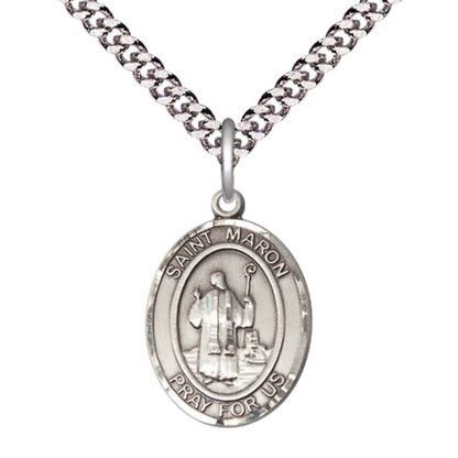 Medium Men's .925 Sterling Silver Saint St. Maron Medal Pendant on 24 Inch Endless Rhodium Plated Heavy Curb Brass Chain, Catholic Religious Necklace - Made in USA- Deluxe Velvet Gift Box