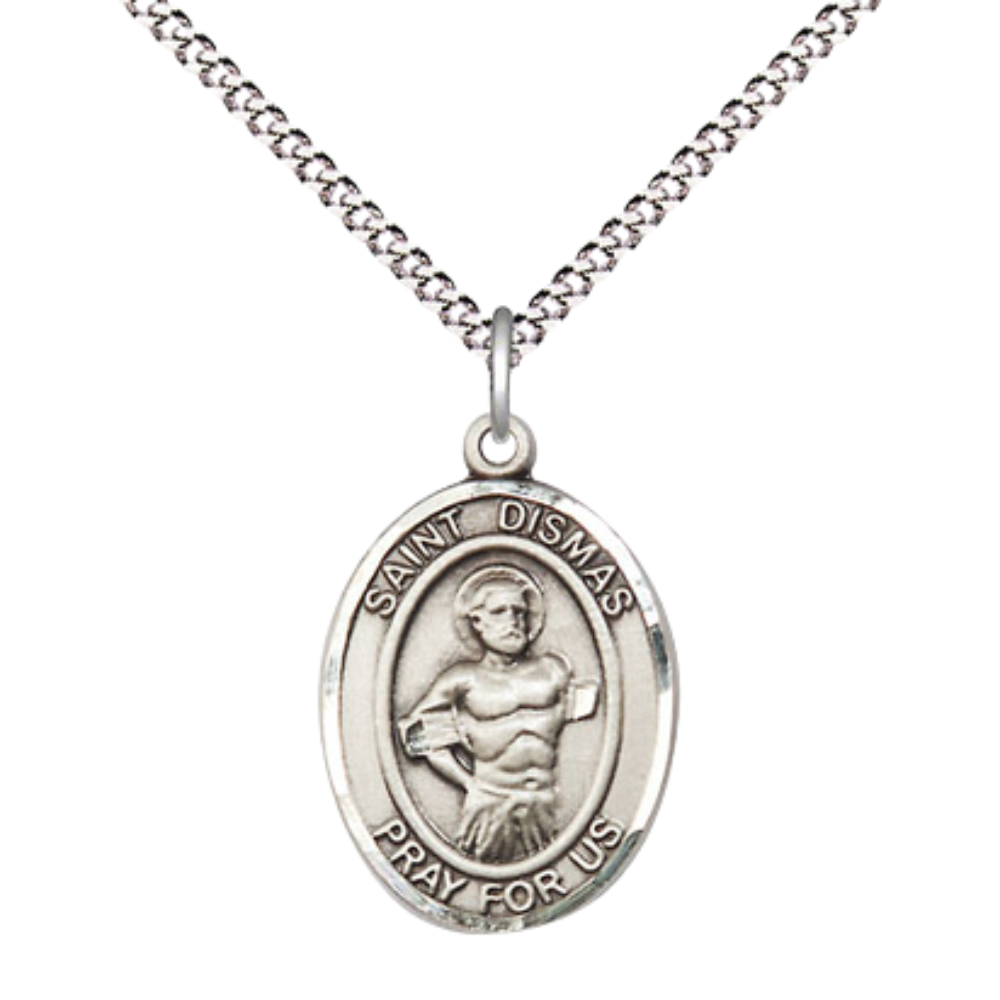 Everlasting Light Jewelry Medium Women's Pewter Saint Dismas Pendant Necklace on 18-inch Rhodium-Plated Lite Curb Brass Chain – 3/4-inch Medal with Lobster Claw Clasp – Velvet Gift Box Included