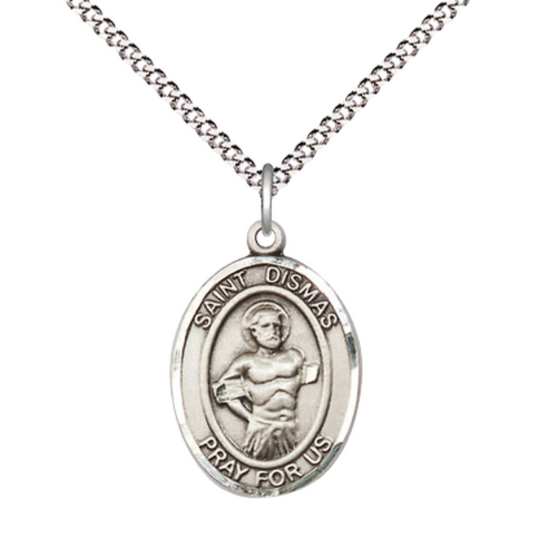 Everlasting Light Jewelry Medium Women's Pewter Saint Dismas Pendant Necklace on 18-inch Rhodium-Plated Lite Curb Brass Chain – 3/4-inch Medal with Lobster Claw Clasp – Velvet Gift Box Included