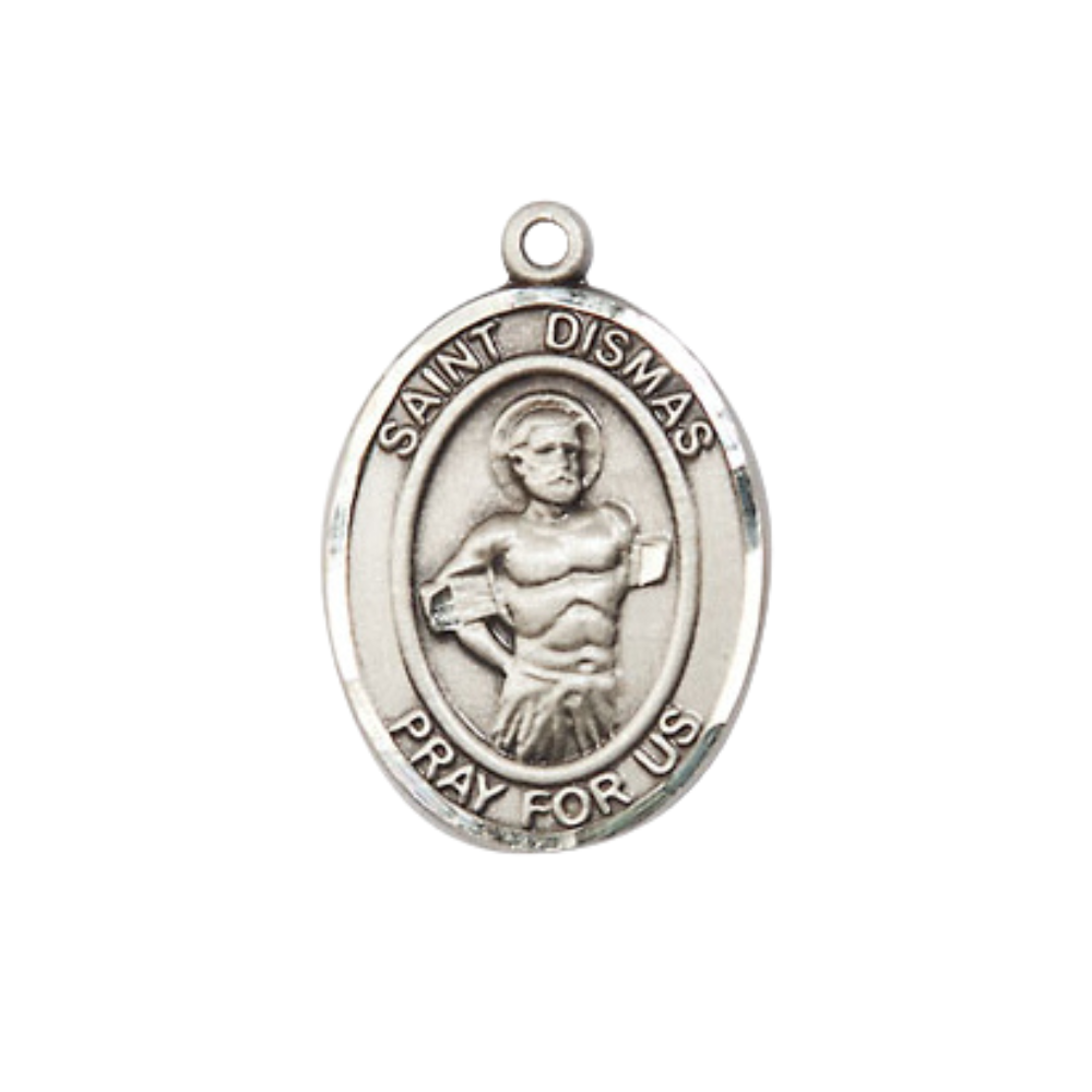 Medium Men's .925 Sterling Silver Saint St. Dismas Medal Pendant on 24 Inch Endless Rhodium Plated Heavy Curb Brass Chain, Catholic Religious Necklace - Made in USA- Deluxe Velvet Gift Box