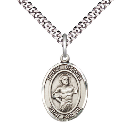 Medium Men's .925 Sterling Silver Saint St. Dismas Medal Pendant on 24 Inch Endless Rhodium Plated Heavy Curb Brass Chain, Catholic Religious Necklace - Made in USA- Deluxe Velvet Gift Box