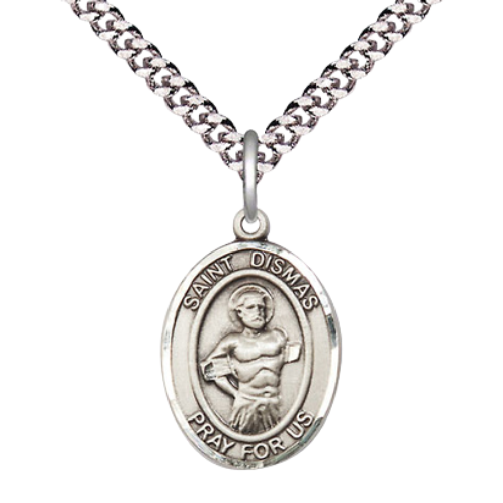 Mens Medium Oval .925 Sterling Silver Saint Dismas Medal Pendant on 24" Rhodium Plated Heavy Curb Brass Chain w/ Lobster Claw Clasp, Catholic Religious Necklace -Made in USA-Velvet Gift Box