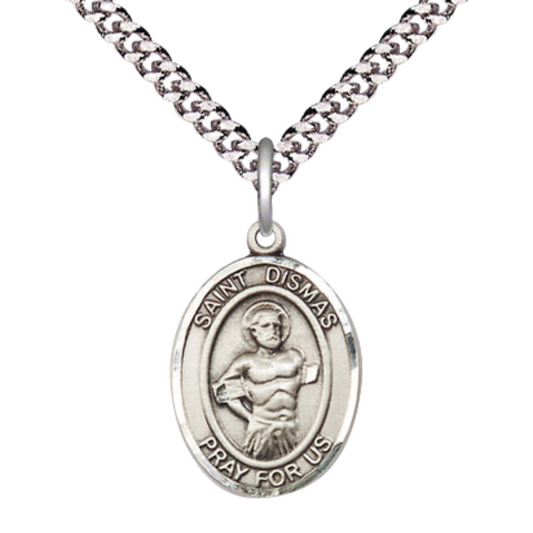 Mens Medium Oval .925 Sterling Silver Saint Dismas Medal Pendant on 24" Rhodium Plated Heavy Curb Brass Chain w/ Lobster Claw Clasp, Catholic Religious Necklace -Made in USA-Velvet Gift Box