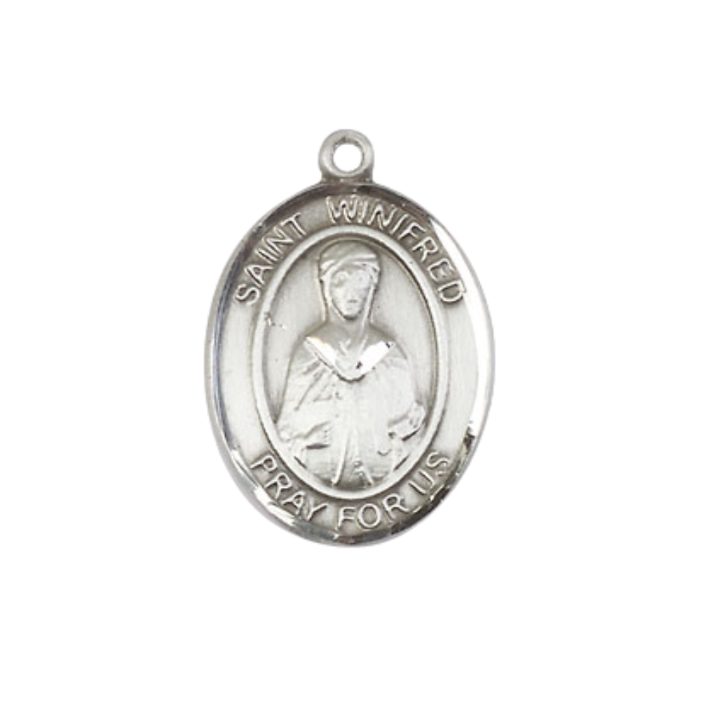 Everlasting Light Jewelry Medium Women's Pewter Saint St. Winifred of Wales Pendant Necklace on 18- inch Rhodium- Plated Lite Curb Brass Chain – 3/4- inch Medal with Lobster Claw Clasp, Catholic Medal – Velvet Gift Box Included