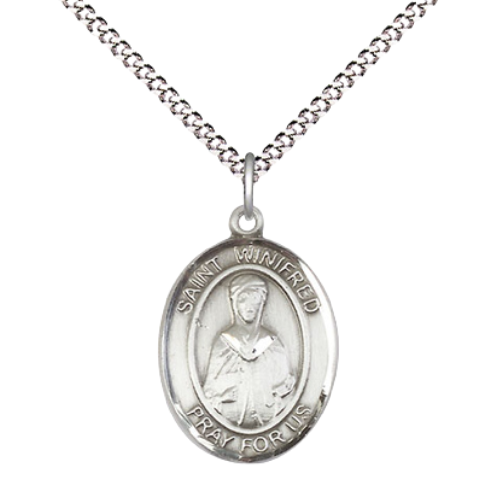 Everlasting Light Jewelry Medium Women's Pewter Saint St. Winifred of Wales Pendant Necklace on 18- inch Rhodium- Plated Lite Curb Brass Chain – 3/4- inch Medal with Lobster Claw Clasp, Catholic Medal – Velvet Gift Box Included