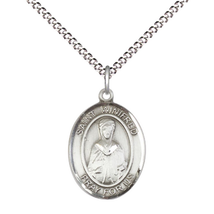 Everlasting Light Jewelry Medium Women's Pewter Saint St. Winifred of Wales Pendant Necklace on 18- inch Rhodium- Plated Lite Curb Brass Chain – 3/4- inch Medal with Lobster Claw Clasp, Catholic Medal – Velvet Gift Box Included