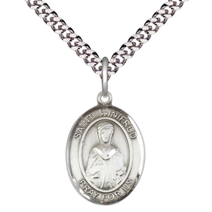 Medium Men's .925 Sterling Silver Patron Saint St. Winifred of Wales Medal Pendant with 24 Inch Rhodium Plated Heavy Curb Chain Catholic Religious Necklace - Made in USA, Deluxe Velvet Gift Box