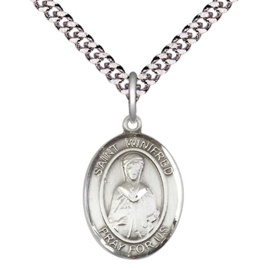 Medium Men's .925 Sterling Silver Patron Saint St. Winifred of Wales Medal Pendant with 24 Inch Rhodium Plated Heavy Curb Chain Catholic Religious Necklace - Made in USA, Deluxe Velvet Gift Box