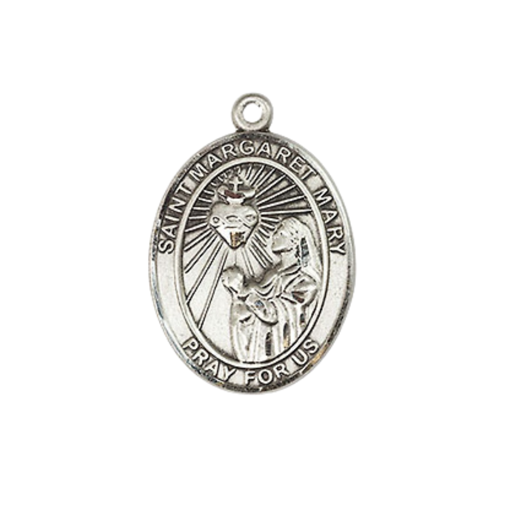 Medium Women's .925 Sterling Silver Saint St. Margaret Mary Alacoque Pendant Necklace on 18- inch Rhodium- Plated Lite Curb Brass Chain, Catholic Medal – Velvet Gift Box Included – Patron Saint St. of Polio and Loss of Parents