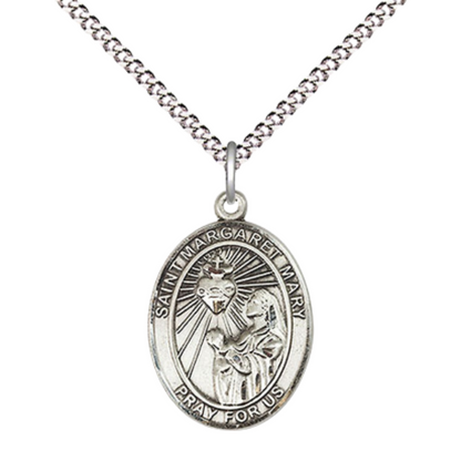 Medium Women's .925 Sterling Silver Saint St. Margaret Mary Alacoque Pendant Necklace on 18- inch Rhodium- Plated Lite Curb Brass Chain, Catholic Medal – Velvet Gift Box Included – Patron Saint St. of Polio and Loss of Parents