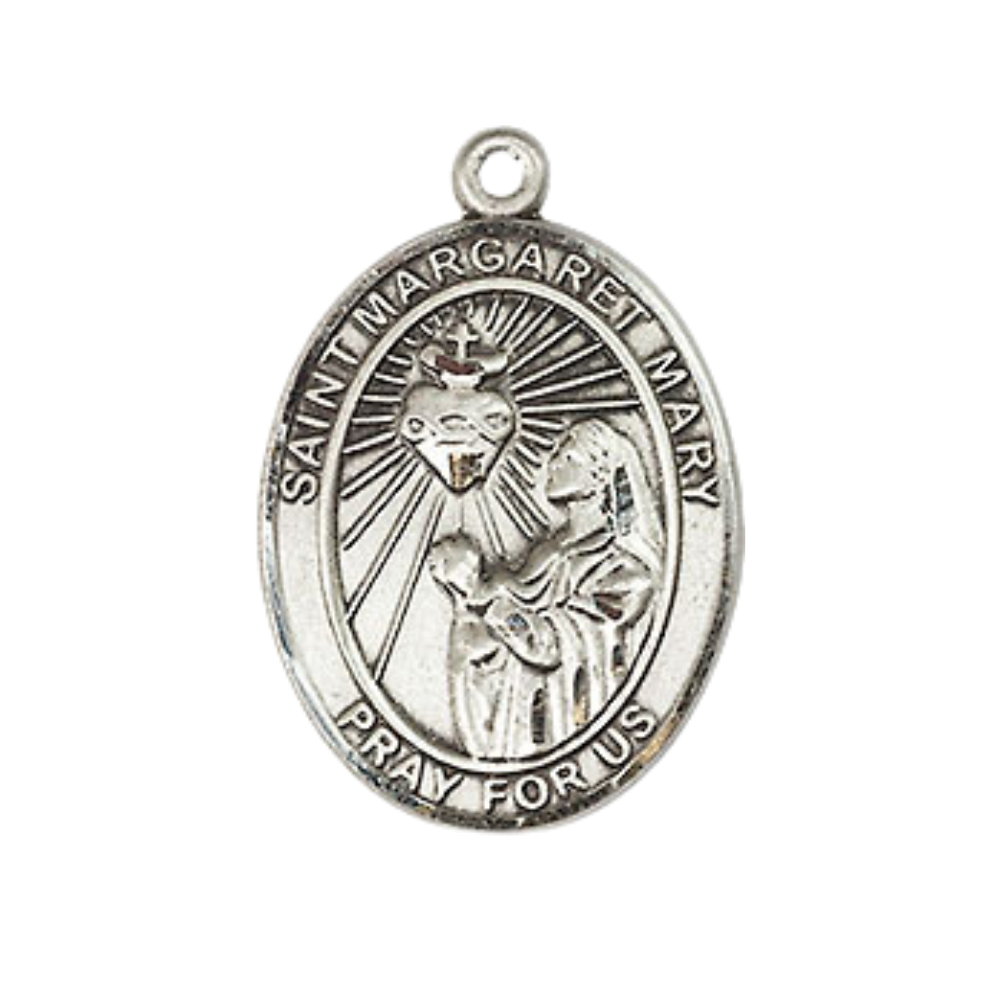 Medium Men's .925 Sterling Silver Saint St. Margaret Mary Alacoque Medal Pendant on 24 Inch Endless Rhodium Plated Heavy Curb Brass Chain, Catholic Religious Necklace - Made in USA- Deluxe Velvet Gift Box