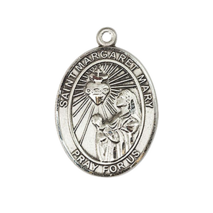 Medium Mens Oval Pewter Saint St. Margaret Mary Alacoque Medal Pendant on 24 Inch Rhodium Plated Heavy Curb Brass Chain w/ Lobster Claw Clasp, Catholic Religious Necklace - Made in USA- Velvet Gift Box