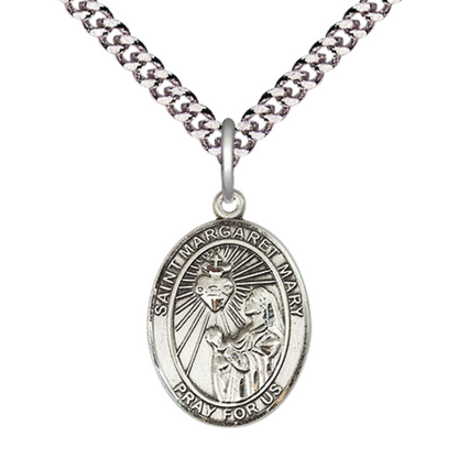 Medium Men's .925 Sterling Silver Saint St. Margaret Mary Alacoque Medal Pendant on 24 Inch Endless Rhodium Plated Heavy Curb Brass Chain, Catholic Religious Necklace - Made in USA- Deluxe Velvet Gift Box