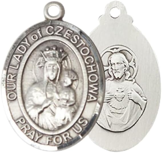 Everlasting Light Jewelry Medium Women's Pewter Our Lady of Czestochowa Pendant Necklace on 18- inch Rhodium- Plated Lite Curb Brass Chain – 3/4- inch Medal with Lobster Claw Clasp, Catholic Medal – Velvet Gift Box Included