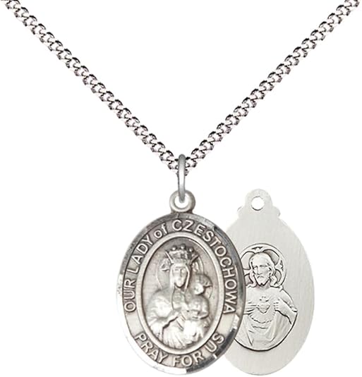 Everlasting Light Jewelry Medium Women's Pewter Our Lady of Czestochowa Pendant Necklace on 18- inch Rhodium- Plated Lite Curb Brass Chain – 3/4- inch Medal with Lobster Claw Clasp, Catholic Medal – Velvet Gift Box Included