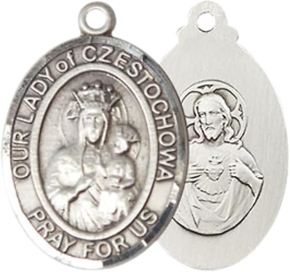 Everlasting Light Jewelry Medium Men's Pewter Our Lady of Czestochowa Medal Pendant on 24 Inch Endless Rhodium Plated Heavy Curb Brass Chain, Catholic Religious Necklace - Made in USA- Deluxe Velvet Gift Box