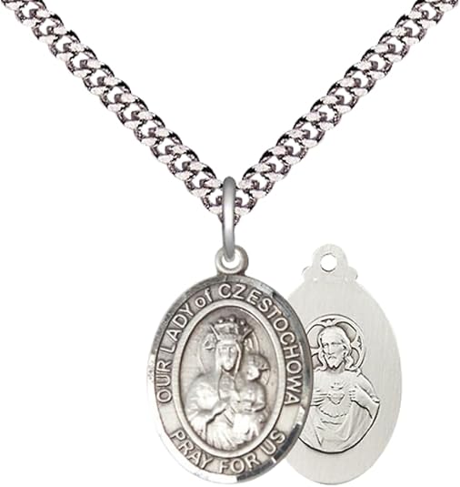 Everlasting Light Jewelry Medium Men's Pewter Our Lady of Czestochowa Medal Pendant on 24 Inch Endless Rhodium Plated Heavy Curb Brass Chain, Catholic Religious Necklace - Made in USA- Deluxe Velvet Gift Box