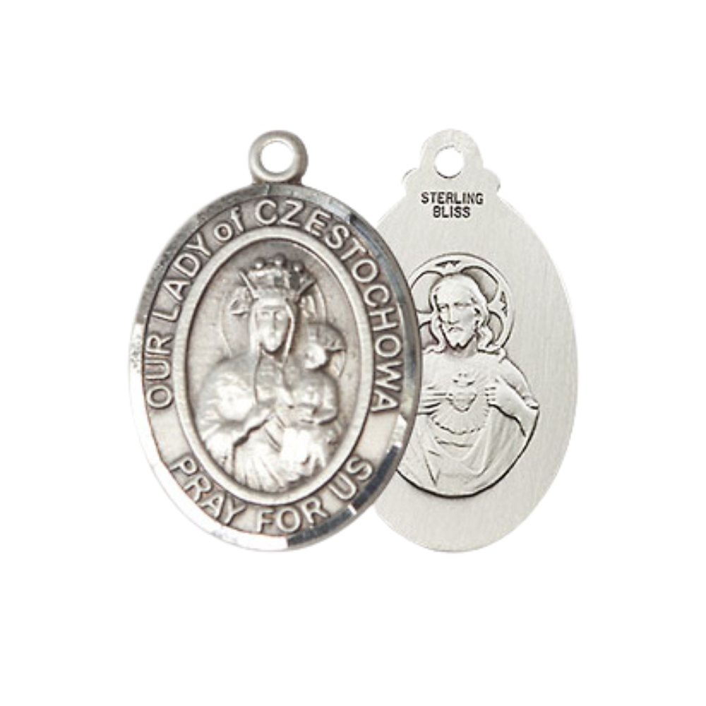 Everlasting Light Jewelry Medium Women's Sterling Silver Our Lady of Czestochowa Pendant Necklace on 18-inch Rhodium-Plated Lite Curb Brass Chain – Velvet Gift Box Included
