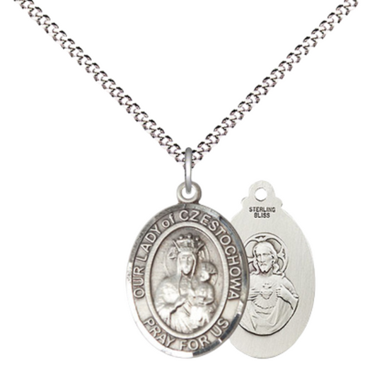 Everlasting Light Jewelry Medium Women's Sterling Silver Our Lady of Czestochowa Pendant Necklace on 18-inch Rhodium-Plated Lite Curb Brass Chain – Velvet Gift Box Included