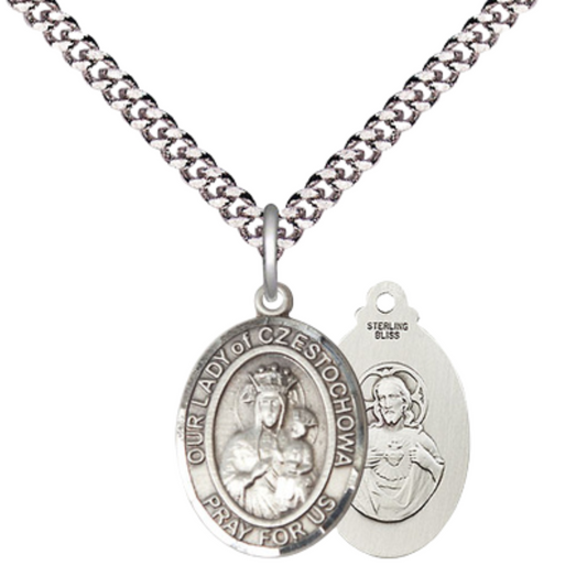 Medium Men's .925 Sterling Silver Our Lady of Czestochowa Medal Pendant on 24 Inch Endless Rhodium Plated Heavy Curb Brass Chain, Catholic Religious Necklace - Made in USA- Deluxe Velvet Gift Box