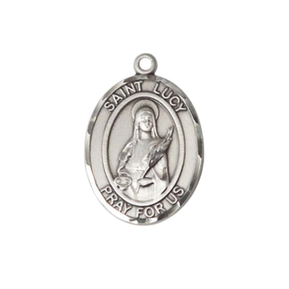 .925 Sterling Silver Saint St. Lucy Medal Pendant on 18 Inch Rhodium Plated Lite Curb Brass Chain with Lobster Claw Clasp, Catholic Religious Necklace - Made in USA- Prayer Card Included