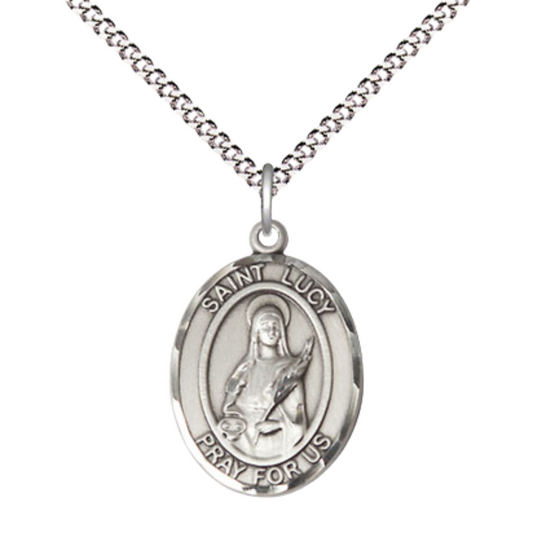 Everlasting Light Jewelry Medium Women's .925 Sterling Silver Saint St. Lucy Pendant Necklace on 18- inch Rhodium- Plated Lite Curb Brass Chain, Catholic Medal – Velvet Gift Box Included