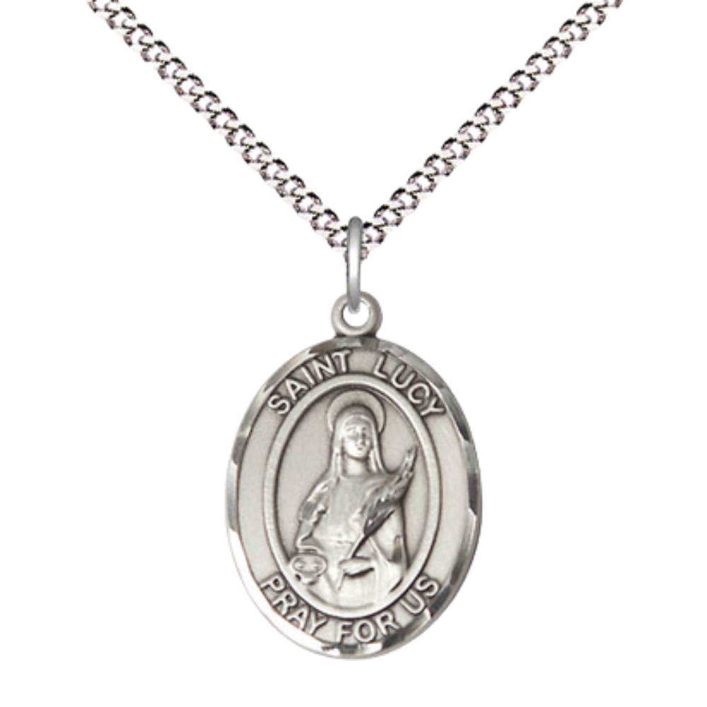Everlasting Light Jewelry Medium Women's Pewter Saint St. Lucy Pendant Necklace on 18Inch Rhodium-Plated Lite Curb Brass Chain, Catholic Medal – 3/4Inch Medal with Lobster Claw Clasp – Velvet Gift Box Included