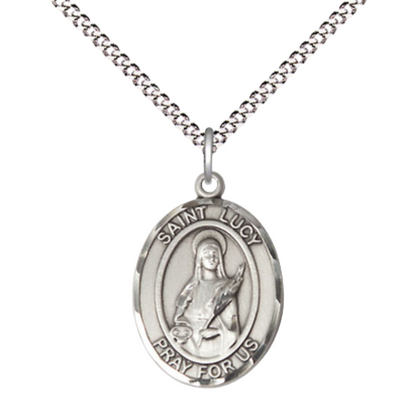 Everlasting Light Jewelry Medium Women's Pewter Saint St. Lucy Pendant Necklace on 18Inch Rhodium-Plated Lite Curb Brass Chain, Catholic Medal – 3/4Inch Medal with Lobster Claw Clasp – Velvet Gift Box Included