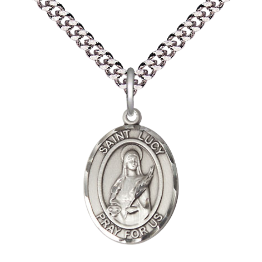 Mens Medium Oval Pewter Saint St. Lucy Medal Pendant on 24 Inch Rhodium Plated Heavy Curb Brass Chain with Lobster Claw Clasp, Catholic Religious Necklace - Made in USA- Deluxe Velvet Gift Box