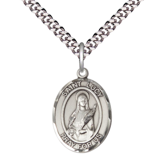 Mens Medium Oval .925 Sterling Silver Saint St. Lucy Medal Pendant on 24 Inch Rhodium Plated Heavy Curb Brass Chain w/ Lobster Claw Clasp, Catholic Religious Necklace - Made in USA- Velvet Gift Box