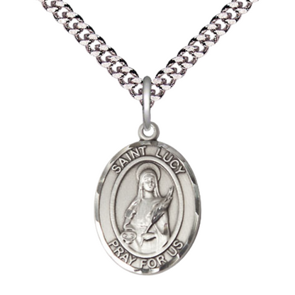 Everlasting Light Jewelry Medium Men's Pewter Patron Saint St.Lucy Medal Pendant with 24" inchRhodium Plated Heavy Curb Chain Catholic Religious Necklace - Made in USA,Deluxe Velvet Gift Box