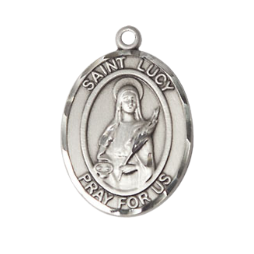 Mens Medium Oval .925 Sterling Silver Saint St. Lucy Medal Pendant on 24 Inch Rhodium Plated Heavy Curb Brass Chain w/ Lobster Claw Clasp, Catholic Religious Necklace - Made in USA- Velvet Gift Box