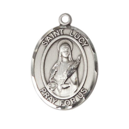 Everlasting Light Jewelry Medium Men's .925 Sterling Silver Patron Saint St. Lucy Medal Pendant with 24 Inch Rhodium Plated Heavy Curb Chain Catholic Religious Necklace - Made in USA, Deluxe Velvet Gift Box